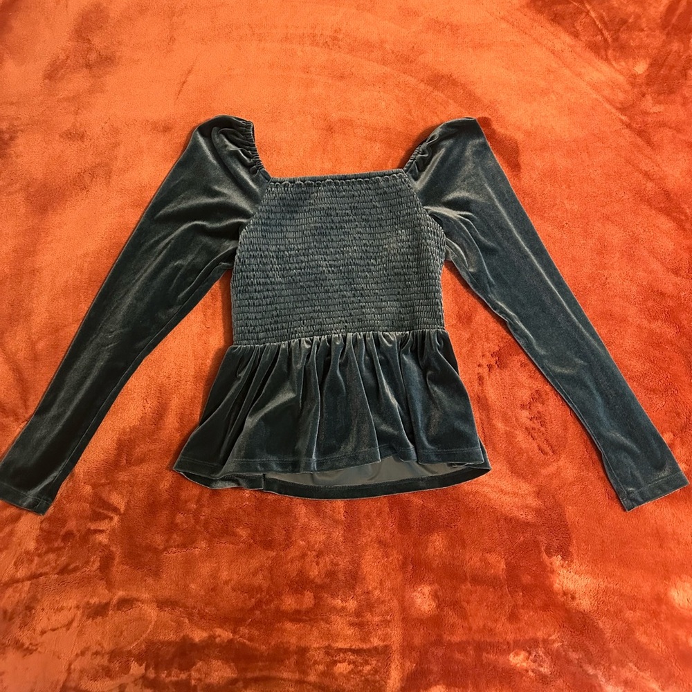 GAP Teal Velvet Smocked Peplum Long-Sleeve Top